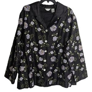 Laura Ashley Women Black Floral Embroidered‎ Button Front Jacket Blazer